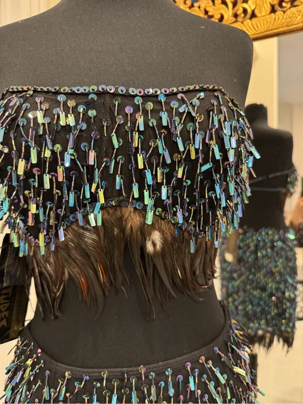 Hand beaded Sequin Fringe feathers Strapless top & Mini Skirt - Black iridescent